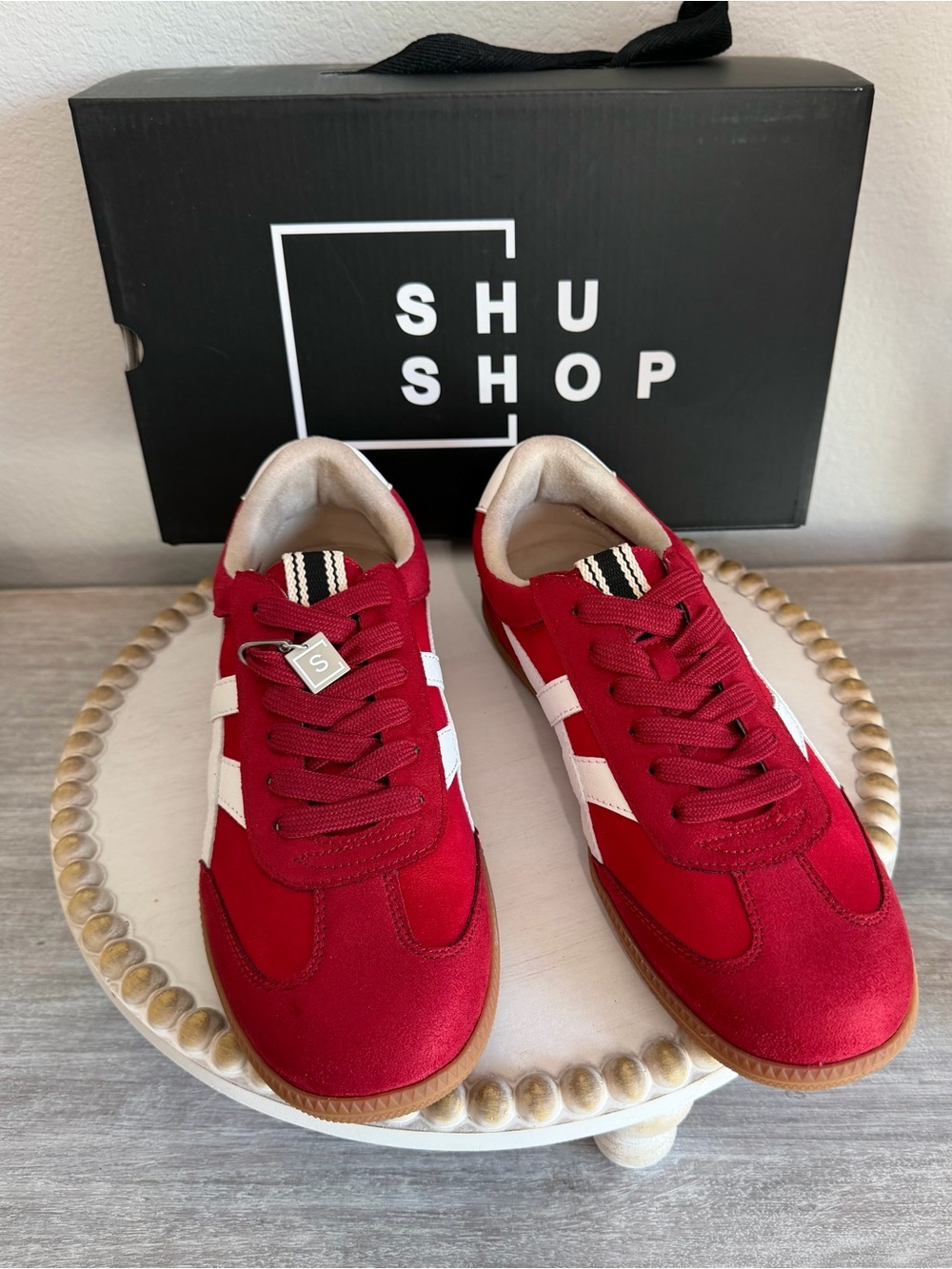 ShuShop Sasha Red Suede White  Slip-On Retro Sporty Athletic Sneakers 7, 7.5, 8